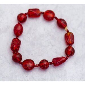 6 inch, Vintage Red Glass Oval Art Deco Faux Ruby Gem Beaded Bracelet - CT1